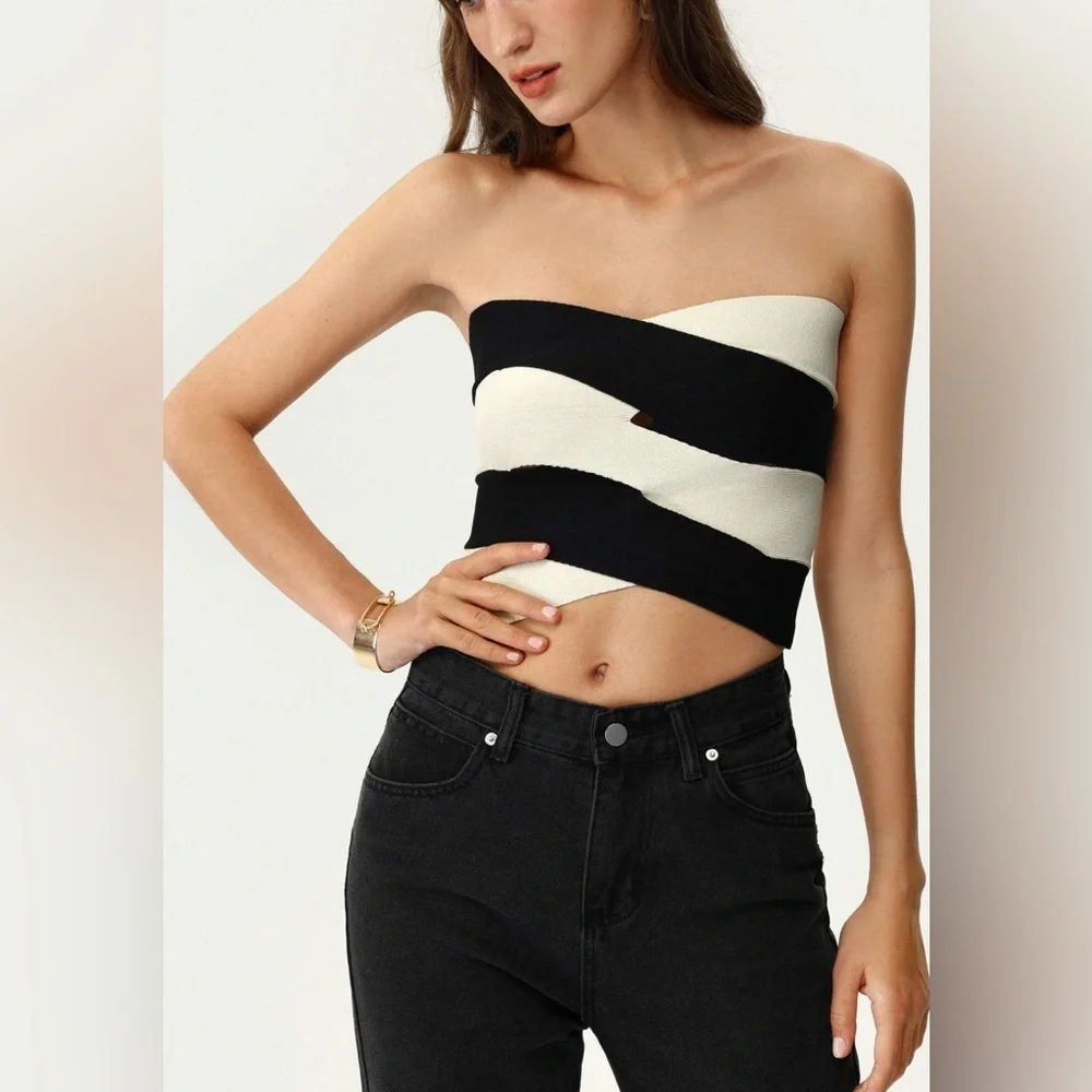CIDER Bandeu Black and White Striped tube top Monochrome minimalist - Picture 3 of 12